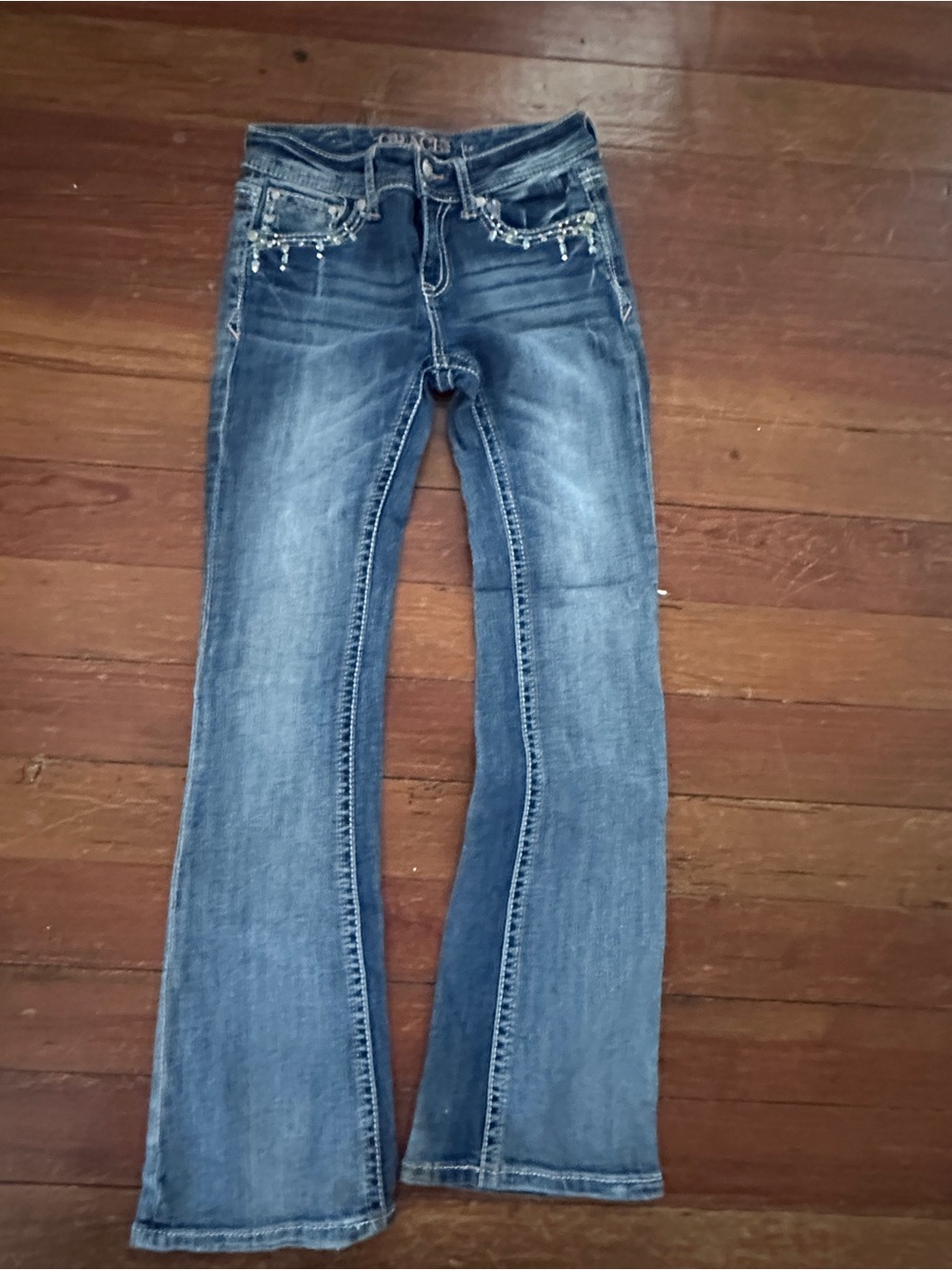 Grace Indigo Flare Jeans with Beaded Pocket Detail